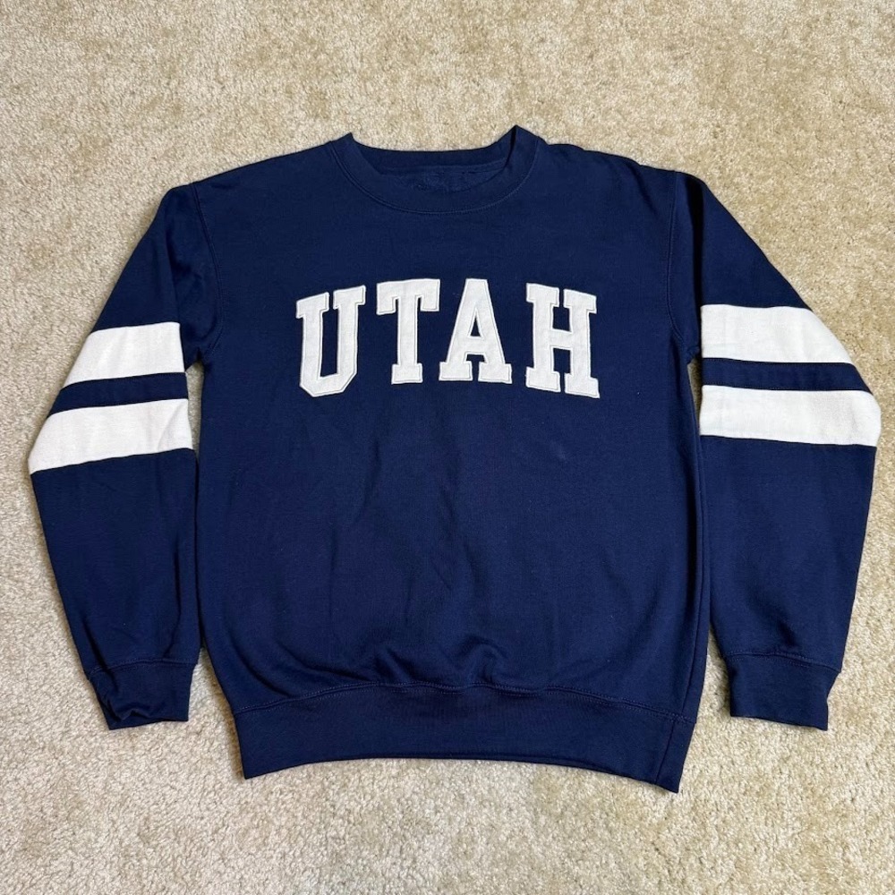 New York‎ Popular Utah Sweatshirt Mens S Navy Blue Varsity Sleeve Stripe